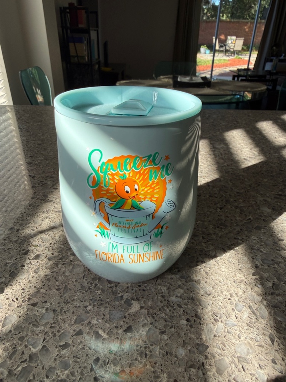 Corkcicle Mint Green "Squeeze Me" Insulated Tumbler with Orange Graphic